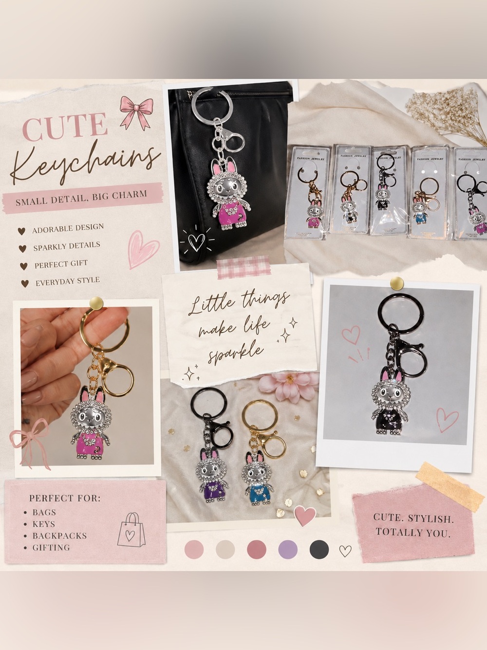 Cute Rhinestone Keychain Bag Charm Bundle | Kawaii Purse Charm Set